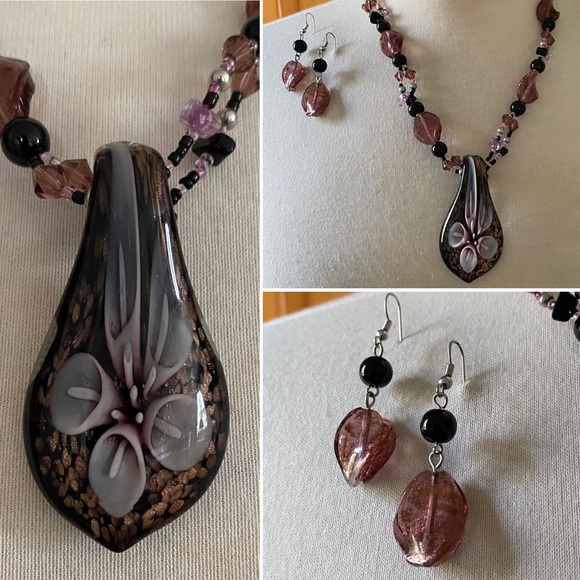 Jewelry - Murano Glass Purple Necklace and Earrings Set